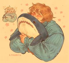 a drawing of a boy hugging a shark