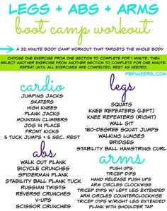 the legs and abss arms boot camp workout plan is shown in green, blue, and