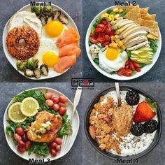 four plates with different types of food on them, including eggs, meat and vegetables