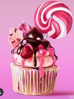 a cupcake with pink icing and candy on top is shown in this painting