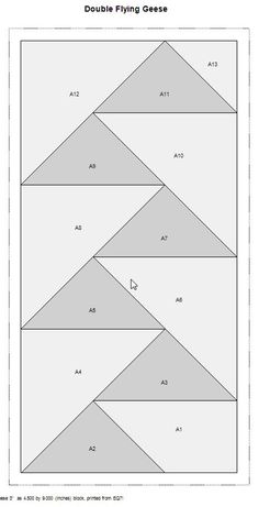 the double flying geese quilt pattern is shown in grey and white, as well as two triangles