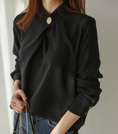 Round Neck Long Sleeve Office Blouse Shirt Stand Collar Blouse, Blouses Long Sleeve, Headwear Fashion, Chiffon Shirt Blouse, Tops And Blouses, Shirts Women Fashion, Women Blouse, Chiffon Long Sleeve, Elegant Shirt