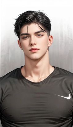 a young man with black hair wearing a nike shirt