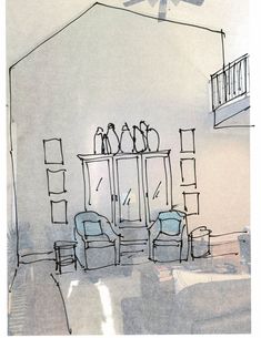 a drawing of a living room with two chairs