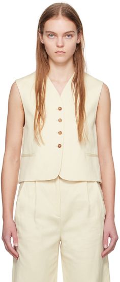 OEKO-TEX®-certified cotton- and linen-blend twill vest. · Y-neck · Button closure · Welt pockets · Adjustable button tab at back · Partial plain-woven lining Supplier color: Frost ivory Loulou Studio, Outerwear Vest, Model Poses, Outerwear Women, Welt Pockets, Welt Pocket, Cotton Twill, Linen Blend, Apparel Accessories