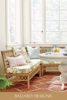 Photo of Suzanne Kasler stylish Bench Rattan Bench, Banquette Cushions, Corner Nook, Rattan Daybed, Suzanne Kasler, Watercolor Birds, Kitchen Seating, Kitchen Benches