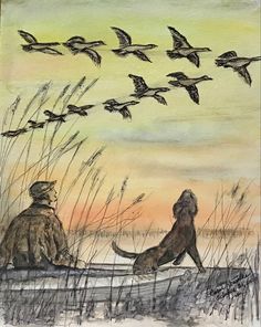 a drawing of two people and a dog watching birds in the sky