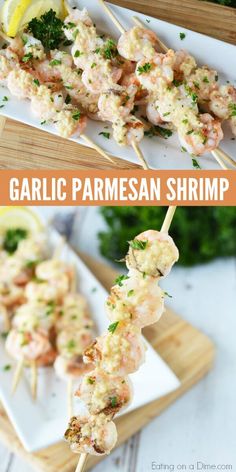 grilled shrimp skewers with garlic and parsley on a white plate