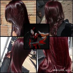 Cherry Black Red Hair, Dark Red Skunk Hair, Dyed Dark Red Hair, Short Cherry Red Hair, Halo Hair Color, Red Halo Hair, Red Hair Streaks, Black And Red Hair, Red Hair With Highlights