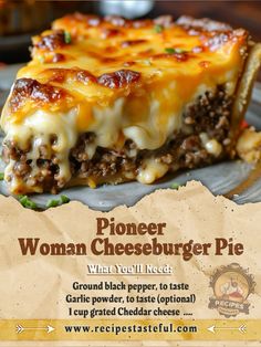 a piece of cheeseburger pie sitting on top of a plate with the recipe below it