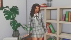 a doll is standing in front of a bookshelf