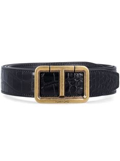 black leather embossed crocodile effect buckle fastening gold-tone logo plaque punched holes adjustable fit Luxury Black Belt Buckle With Gold-tone Logo Plaque, Designer Leather Belt Buckles With Gold-tone Logo, Gold Leather Belt Buckle With Logo Plaque, Leather Belt With Gold-tone Logo For Business, Modern Black Belt Buckle With Gold-tone Logo, Formal Black Belt Buckles With Gold-tone Logo, Modern Leather Belt Buckles With Gold-tone Logo, Luxury Leather Belt Buckles With Tang Buckle, Black Leather Belt Buckles With Tang Buckle