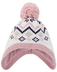 Designed with knit-in fair isle and a 3D pom pom on top, this cozy hat is perfect for colder weather. Crochet Toddler Winter Hats, Knit Winter Hat For Toddler, Baby Snow Hat, Children's Fleece Hats, Toddler Winter Hat, Latest Boys Fashion, Baby Fair, Cozy Hat, Trapper Hats