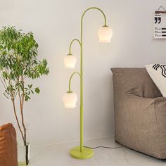 a living room with a couch, lamp and potted plant on the floor next to it