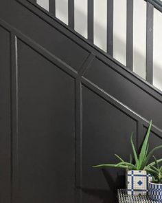 a potted plant sitting on top of a table next to a stair case with black paneling