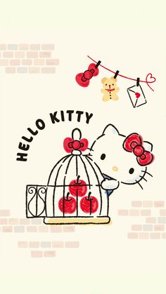 hello kitty is in a cage with cherries hanging from the line and hearts are attached to it