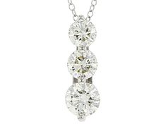 1.50ctw round white lab-grown diamond, rhodium over 14k white gold 3-stone pendant. Measures approximately 5/8"L x 3/16"W and has a 1mm bail. Comes on an 18" cable chain with  2 jump rings allowing the necklace to be worn at 17" or 16", and has a lobster claw clasp closure. Near colorless, eye clean. Three Stone Round Diamond Necklace, Diamond White Three Stone Round Necklace, Three-stone Cubic Zirconia Diamond Necklace In White Gold, White Gold Cubic Zirconia Three Stone Diamond Necklace, Fine Jewelry White Gold Three Stone Diamond Necklace, White Gold Three Stone Diamond Necklace, Formal Three Stone Round Diamond Necklace, Diamond White Three-stone Cubic Zirconia Necklace, Diamond White Cubic Zirconia Three Stone Necklace