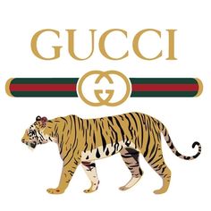 a tiger is walking in front of the gucci logo