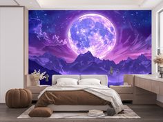 a bedroom with a large purple moon in the sky and mountains on the wall behind it