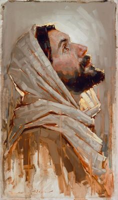 an oil painting of a man with a beard wearing a shawl and looking up