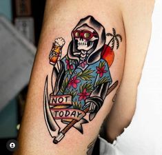 a person with a tattoo on their arm holding a beer and a knife in his hand