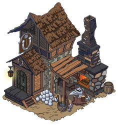 a cartoon house made out of wood and stone