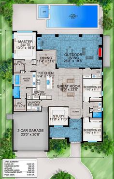 This  coastal contemporary house plan  gives you 2,203 square feet of heated living space, 3 beds, 2 full baths, 1 half bath, and a 524 square foot 2-car garage. Architectural Designs' primary focus is to make the process of finding and buying house plans more convenient for those interested in constructing new homes - single family and multi-family ones - as well as garages, pool houses and even sheds and backyard offices. Our website offers a vast collection of home designs, enc Modern House Plans With Pool, Modern House Plans One Story, Contemporary Pool House, Modern Beach House Plans, Grandma Cottage, Duplex Floor Plans, Ultra Modern Homes, Modern House Floor Plans