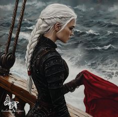 a painting of a woman with white hair and braids on a boat in the ocean