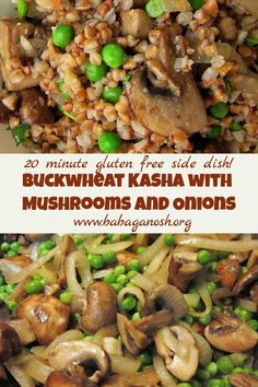 two pictures with mushrooms and onions in them, one has rice on it the other has green peas