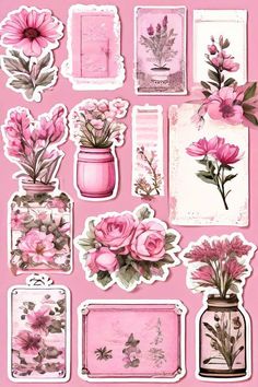 pink stickers with flowers in jars and frames on a pink background for scrapbooking