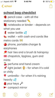 the text on the phone says school bag checklist, and it's all in red