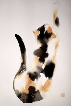 a painting of a cat with black and orange spots on it's back legs