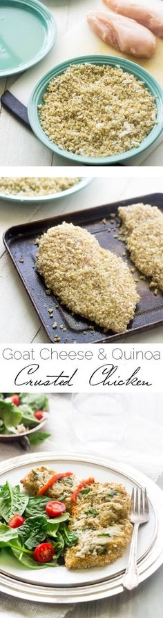 three different views of food being prepared on trays and in pans with the words goat cheese & quinoa crusted chicken