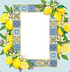 a square frame with lemons and flowers on the edges is surrounded by blue tiles