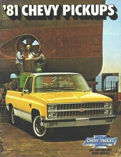 an advertisement for chevrolet trucks with men working on the engine and truck in the background