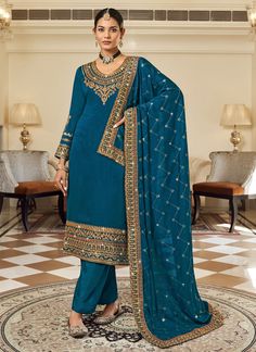 Turquoise Embroidery Designer Salwar Suit Celana Fashion, Readymade Salwar Kameez, Suit Salwar, Salwar Dress, Dress Salwar Kameez, Teal Blue Color, Embroidered Pants, Designer Salwar Suits, Indian Suits