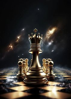 a golden chess piece on top of a black and white checkerboard floor with stars in the background