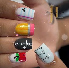 Short Nails For Teachers, Back To School Nails College, School Theme Nail Art, Back To School Kid Nails, August Nail Inspiration, Going Back To School Nails, School Design Nails, Preschool Nail Designs, Teacher Graduation Nails