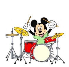 a cartoon mickey mouse playing the drums on a drum set with his hands in the air