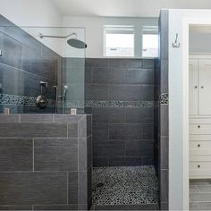 a walk in shower sitting next to a bathroom sink