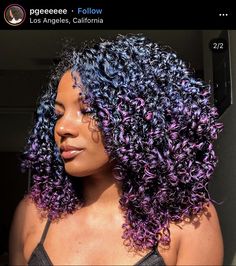 Purple Highlights Natural Hair, Dyed Curly Hair Ideas Colour Purple, Natural Purple Hair, Purple Highlights Black Hair Curly Hair, Purple Curly Hair Highlights, Curly Dyed Hair Purple, Blackish Blue Hair, Dark Purple Curly Hair, Deep Purple Curly Hair