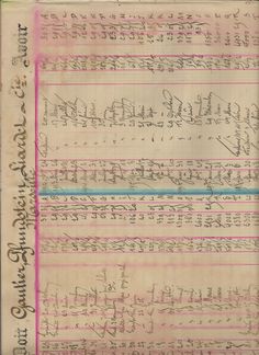 an old sheet music manuscript with writing on the front and back pages, all lined up