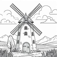 a windmill in the middle of a field with trees and mountains behind it coloring page