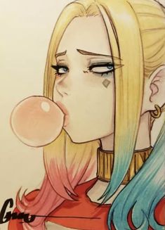 a drawing of a girl with blonde hair blowing bubbles