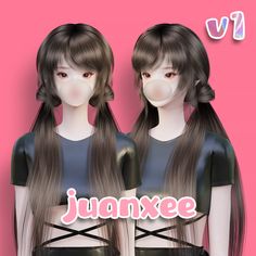 two wigs with long hair are shown in front of a pink background and the words jummxee