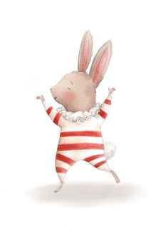 a drawing of a rabbit dressed in red and white striped clothes with his arms outstretched