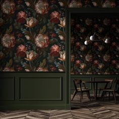 an empty room with floral wallpaper and chairs