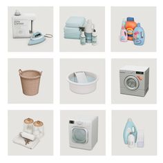 several different types of household appliances displayed on a white background, including a washing machine, dryer, dishwasher and other items