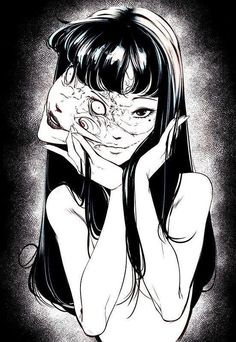 a drawing of a girl with long hair holding her face in front of her face