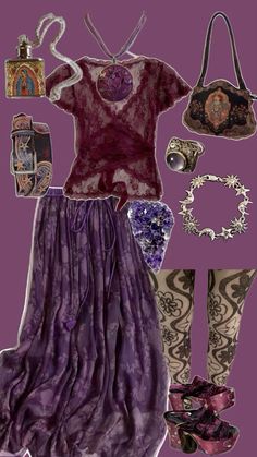 a woman's outfit and accessories are arranged on a purple background